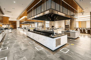 Hotel buffet space layout designed for guest flow and service access