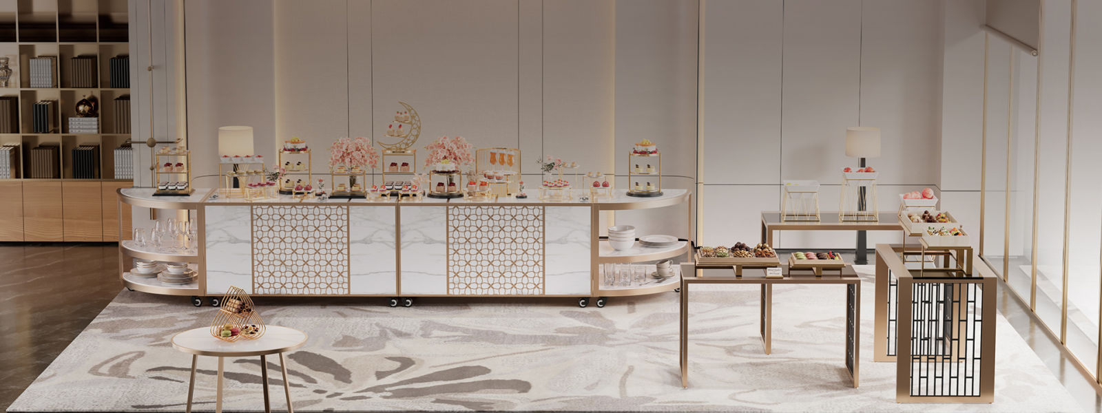 Banquet dessert station with tiered display structures