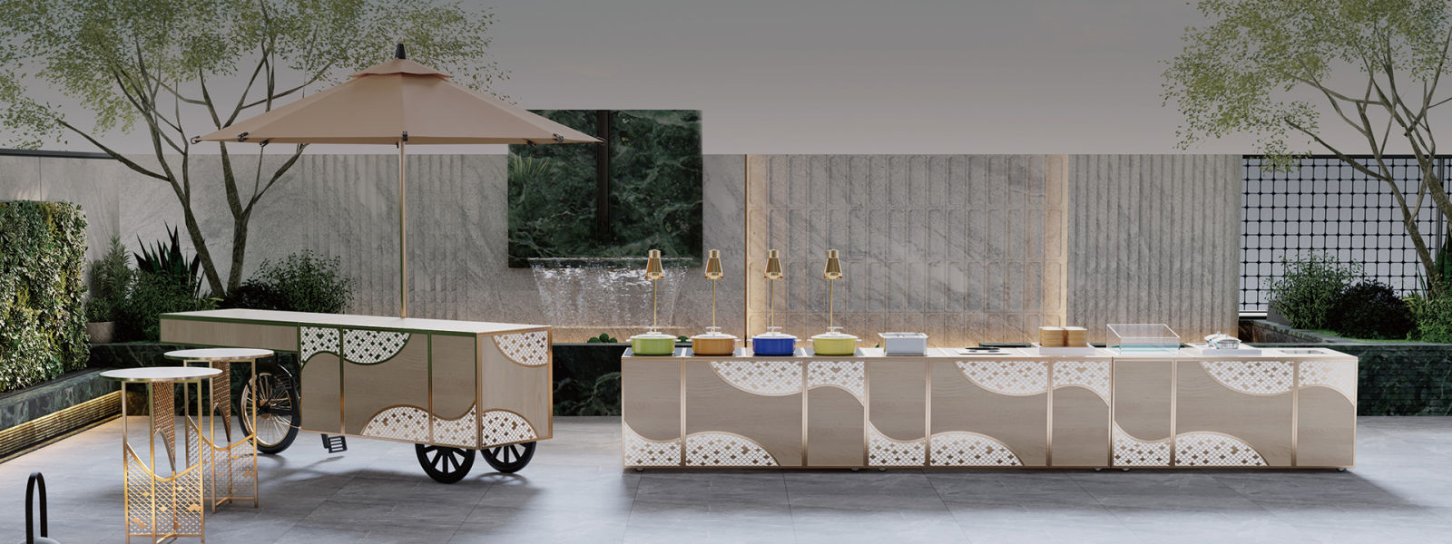 PYEIN designed hotel buffet line with stainless steel chafing dishes and display risers
