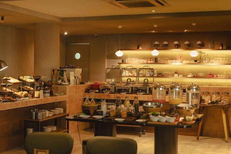 Luxury hotel breakfast buffet with chafing warmers and beverage station