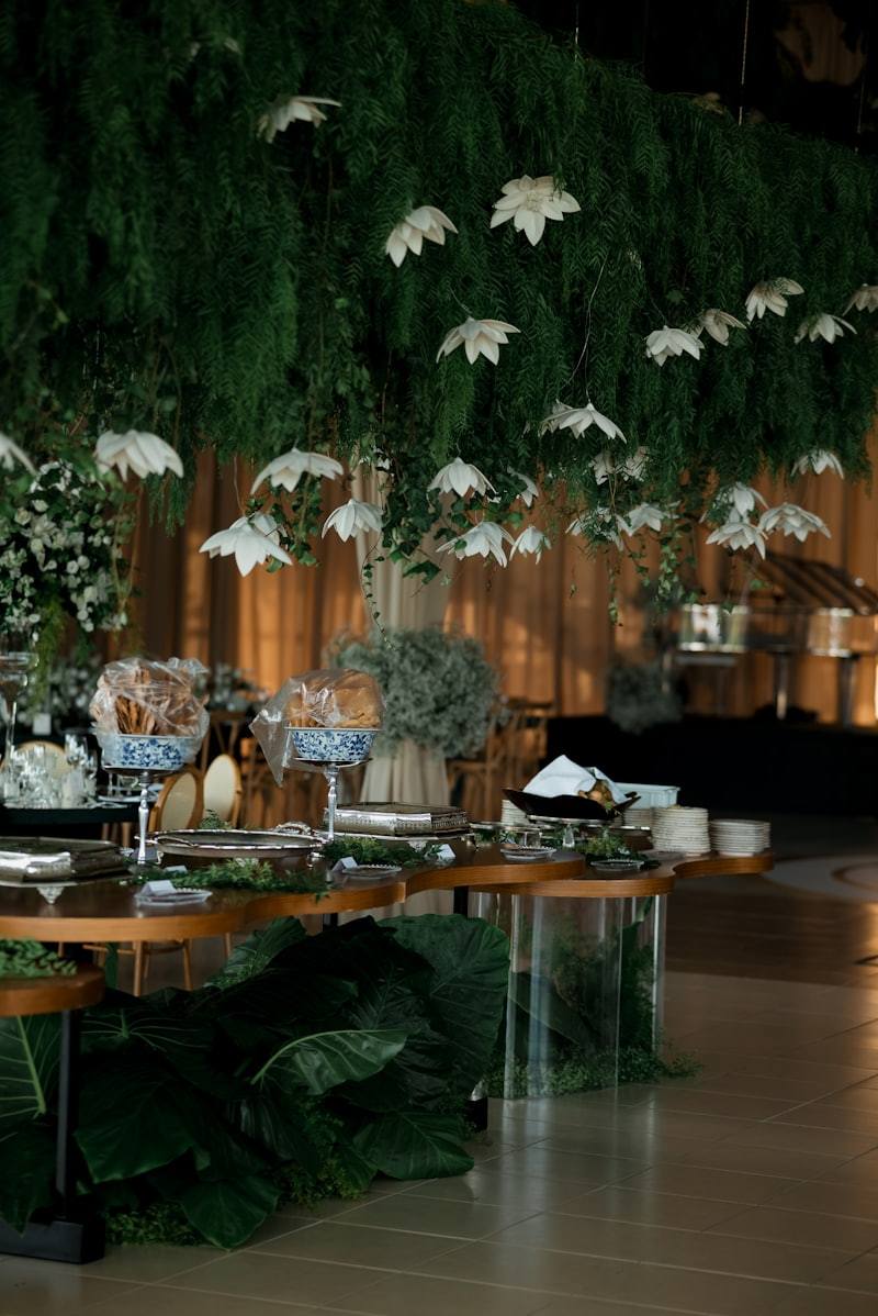 Luxury hotel banquet buffet with hanging floral decor