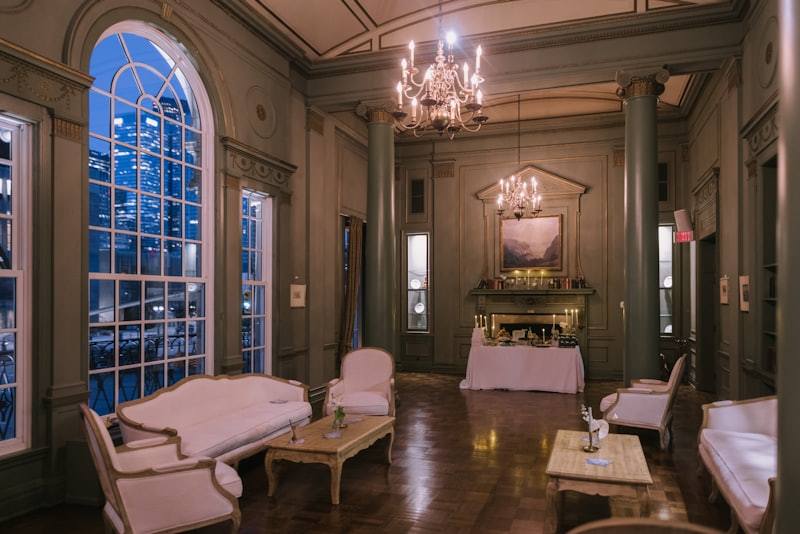 Elegant hospitality ballroom with chandeliers and classical interior