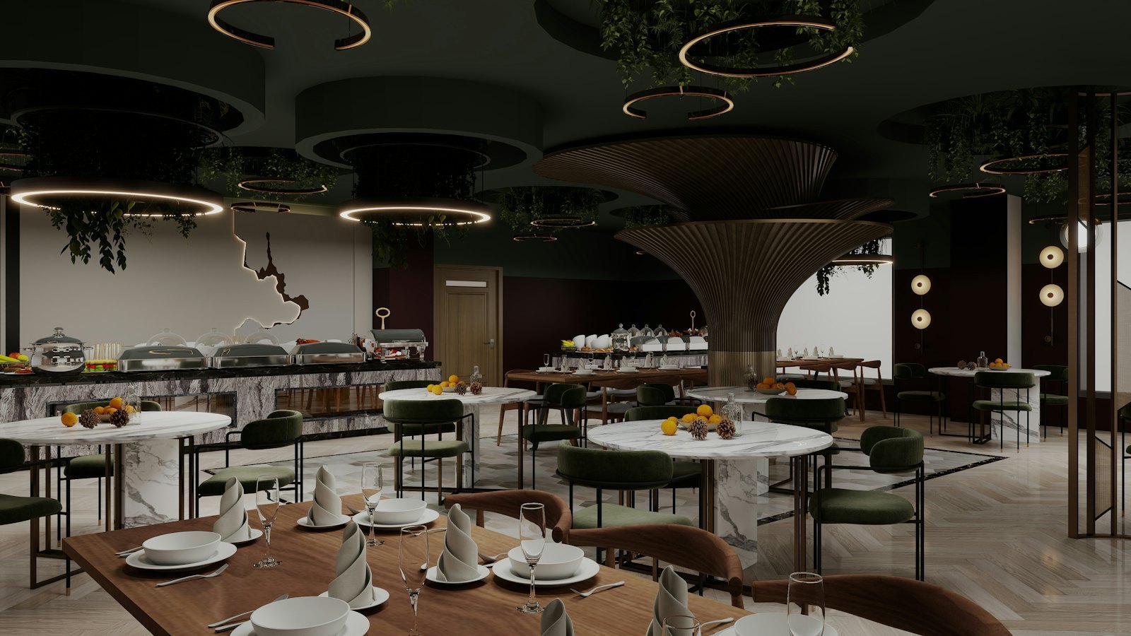 Hotel restaurant buffet line with covered chafing dishes and a self-service beverage section