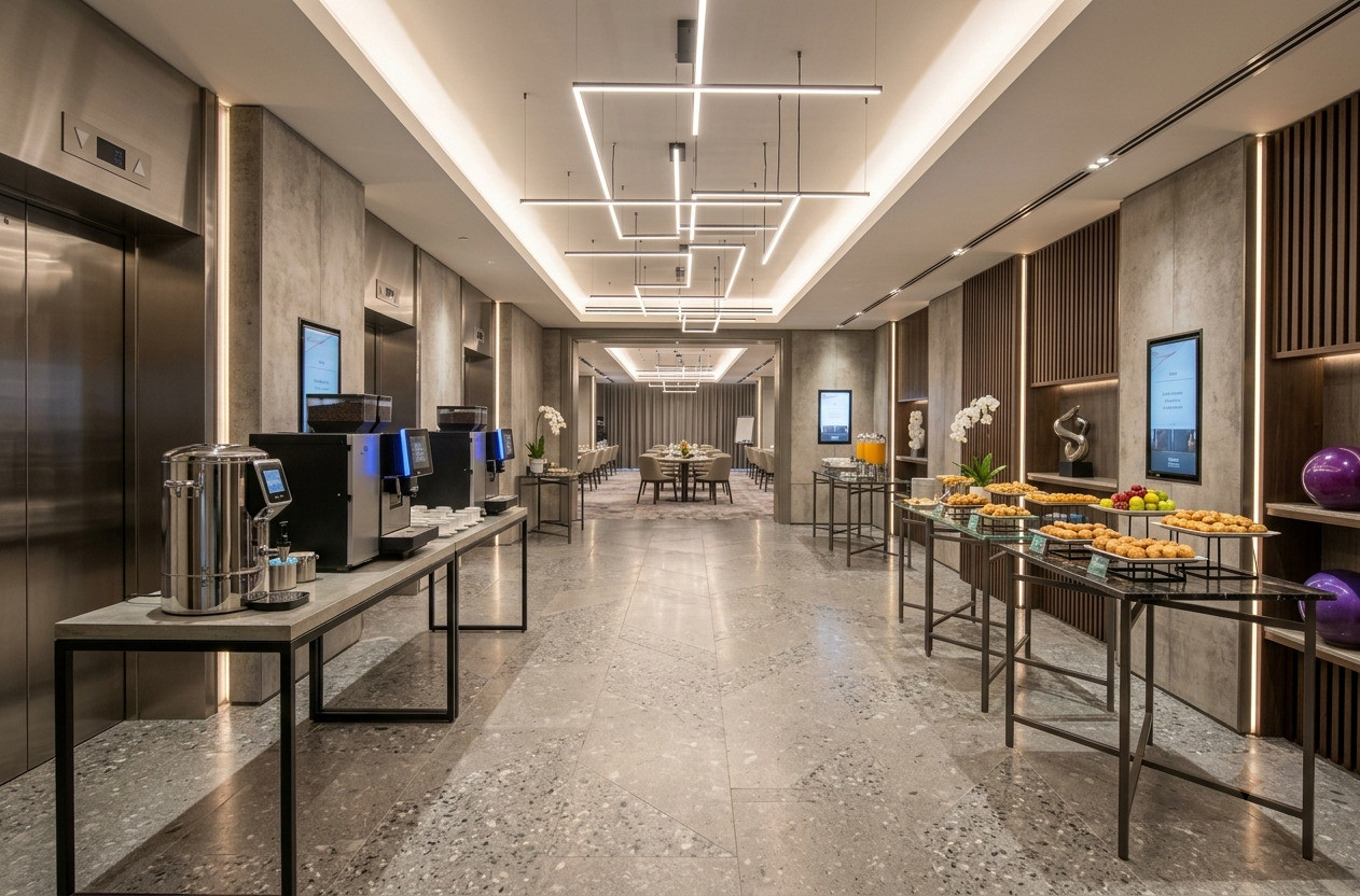 Buffet equipment for GCC hotels — hotel restaurant dining room prepared for buffet service