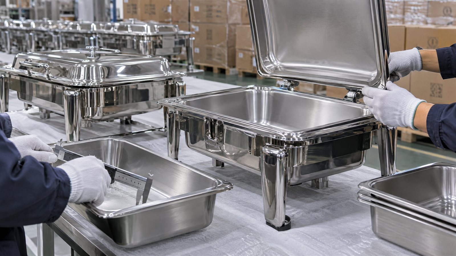 Chafing dish dimensions and pan fit inspected in a stainless steel buffet equipment factory