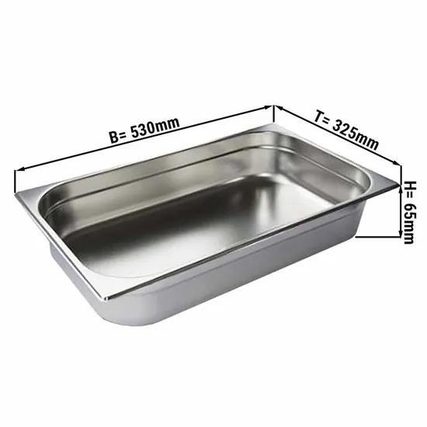 Chafing dish size and chafing dish dimensions: GN 1/1 stainless steel food pan measuring 530 mm wide, 325 mm deep and 65 mm high