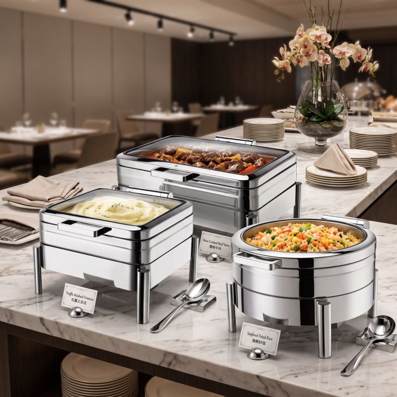 Custom chafing dish engineering with dimensions, capacities and heating configurations