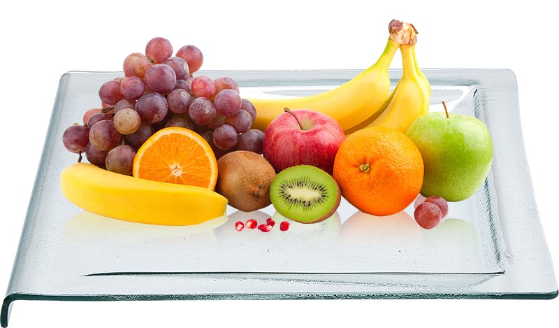 GH/3214S clear glass tray loaded with fresh fruit on a buffet display