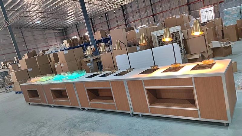 Modular buffet line with heat lamps and chilled sections assembled in the PYEIN workshop