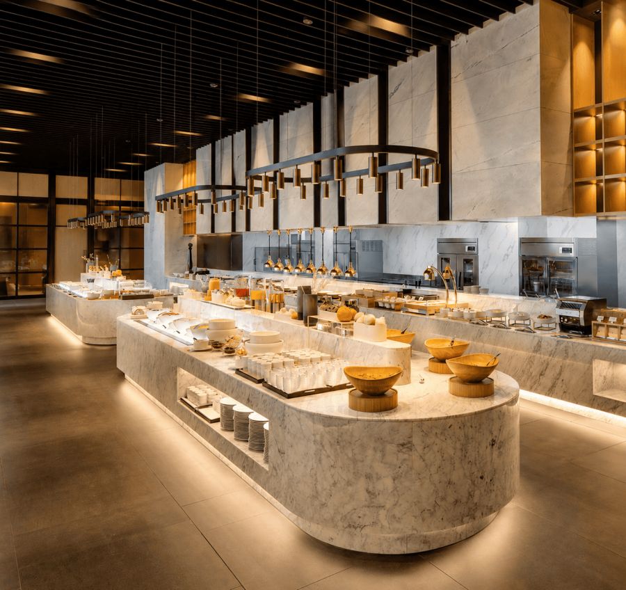 Custom buffet tables engineered to the dimensions of a Singapore restaurant space