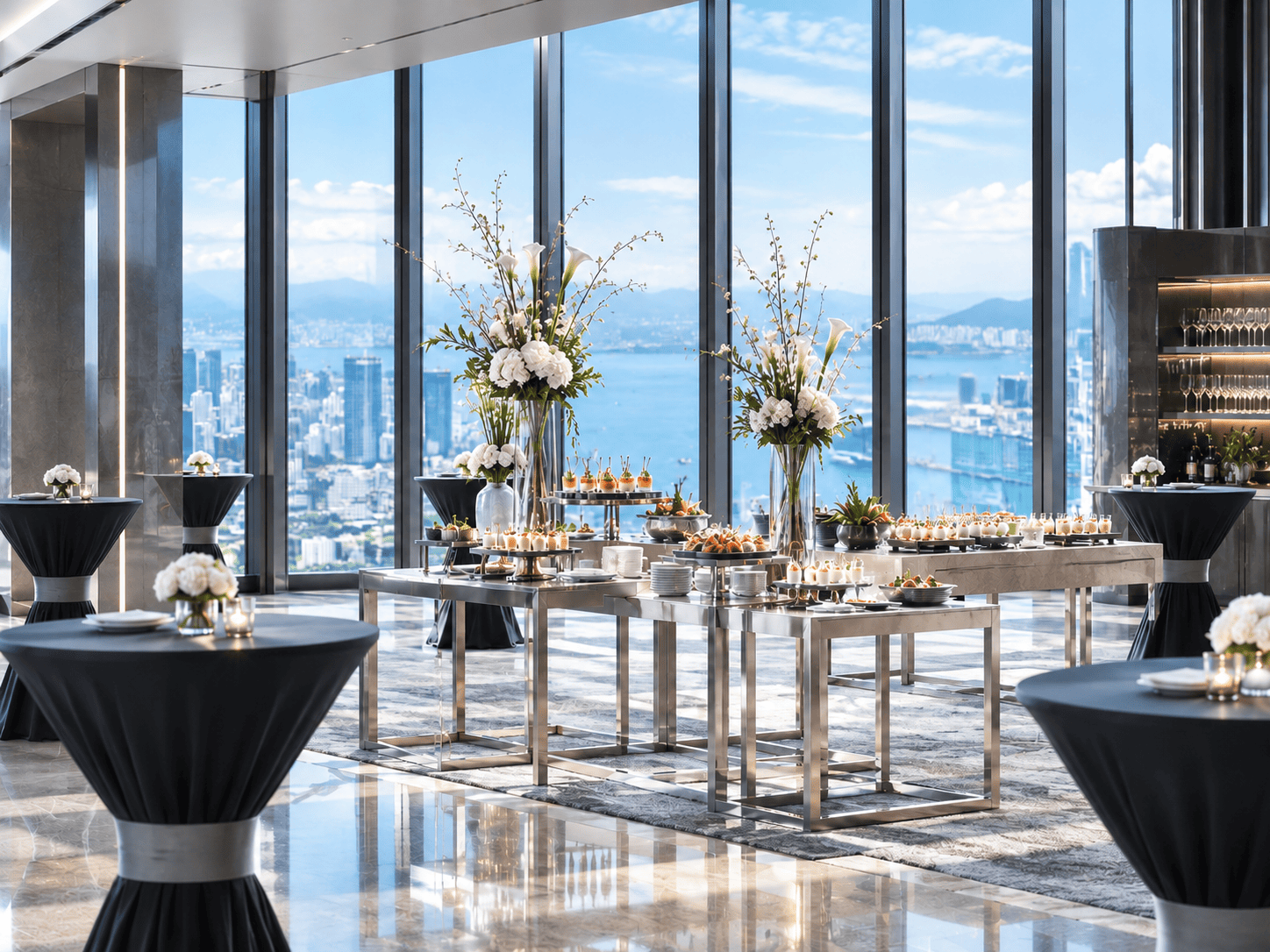 Food served in stainless steel chafing dishes on a buffet