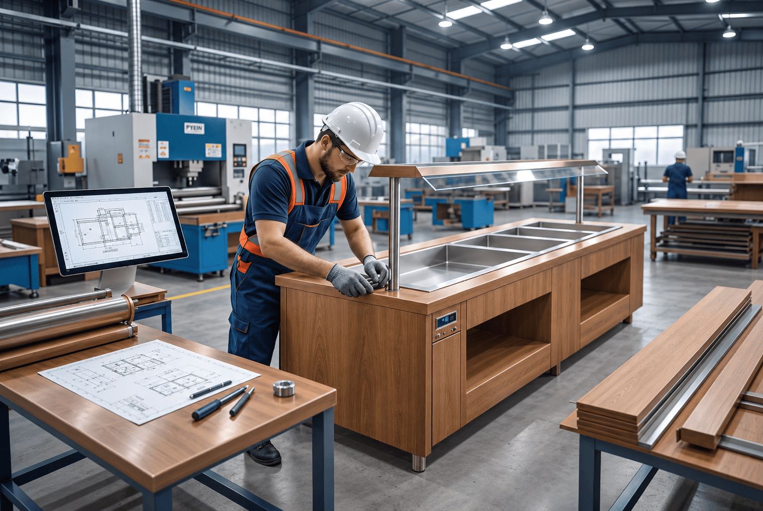 PYEIN production specialist assembling a custom buffet station in the buffet equipment manufacturing workshop