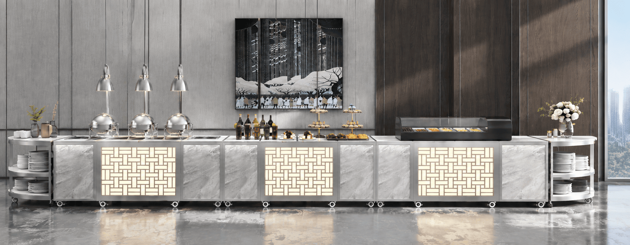 Stainless steel chafing dishes with heat lamps supporting middle east hotel buffet compliance and food-contact grade requirements