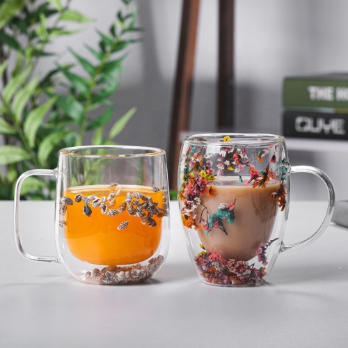 Red flower double laye Juice Glass Set hand gift high borosilicate simple double wall glass cup