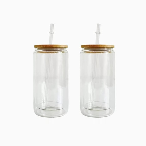 Wholesales glass cups with lids and straws Custom Logo 12oz 16oz 20oz clear double wall coffee soda