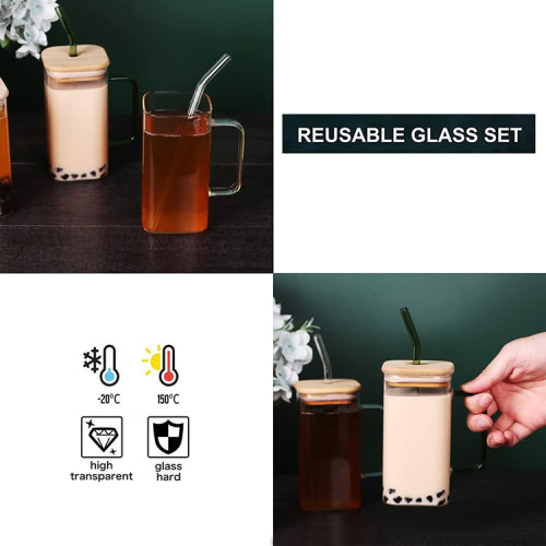 Household straw cup borosilicate glass square milk cup with handle square glass cup with handle