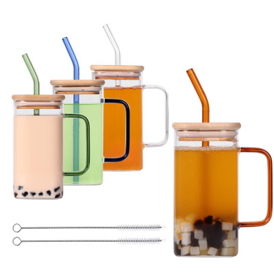 Household straw cup borosilicate glass square milk cup with handle square glass cup with handle