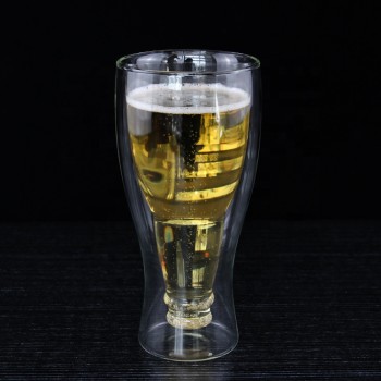 Distributer printed double wall beer glass drinking custom bottle shaped glass beer glasses mug