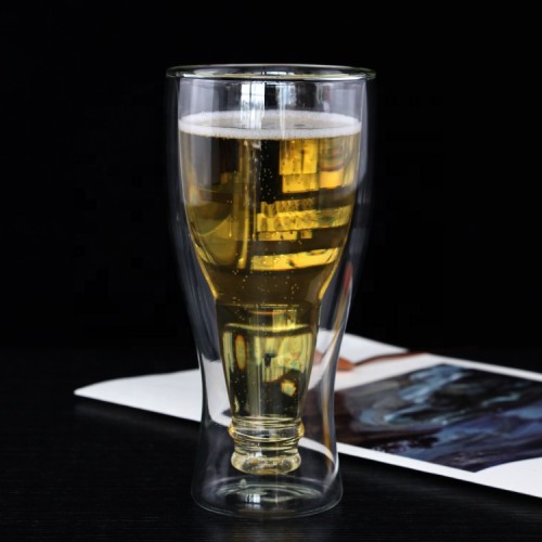 Distributer printed double wall beer glass drinking custom bottle shaped glass beer glasses mug