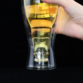 Distributer printed double wall beer glass drinking custom bottle shaped glass beer glasses mug