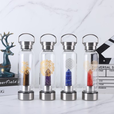 OEM Customized logo High quality glass water bottle point healing water bottle with handle lid