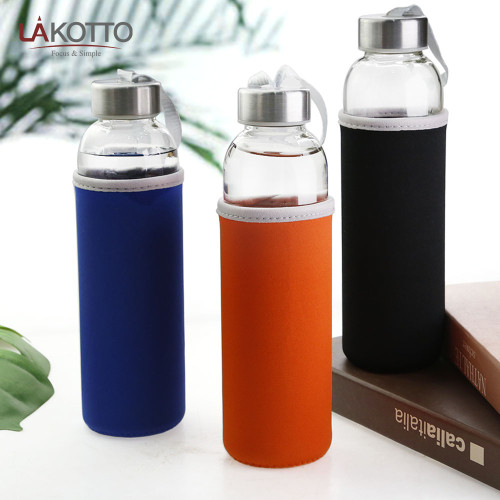 Borosilicate drink glass water bottle 500ml with silicone sleeve spring water in glass bottles