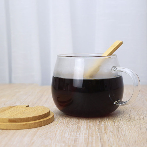 Hot sale Borosilicate Glass Tea/ Coffee/Water Mug With Bamboo Spoon and lid glass coffee mugs