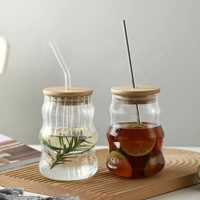 Wholesale Glass Cup Tumbler Straw High Borosilicate Glass Tumblers with Bamboo Lid juice glasses