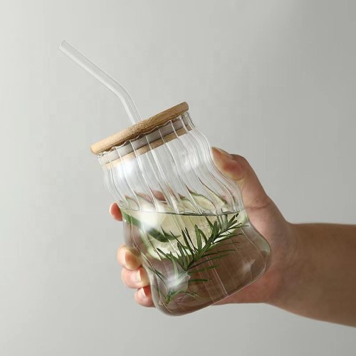 Wholesale Glass Cup Tumbler Straw High Borosilicate Glass Tumblers with Bamboo Lid juice glasses