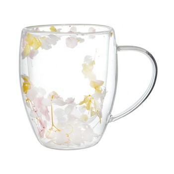 Factory bulk wholesale double wall glass coffee cup with dried flowers and handle milk glass