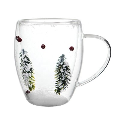 Factory bulk wholesale double wall glass coffee cup with dried flowers and handle milk glass