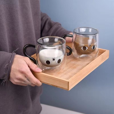 New Style Double Wall Glass Cup Handle Lovely Cat Shaped Glass Milk Glass of Household Custom Color