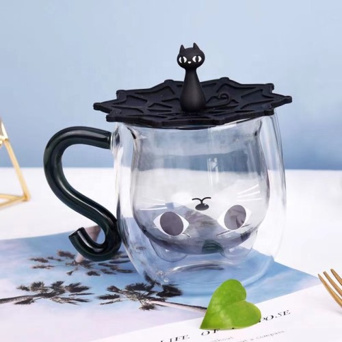 New Style Double Wall Glass Cup Handle Lovely Cat Shaped Glass Milk Glass of Household Custom Color