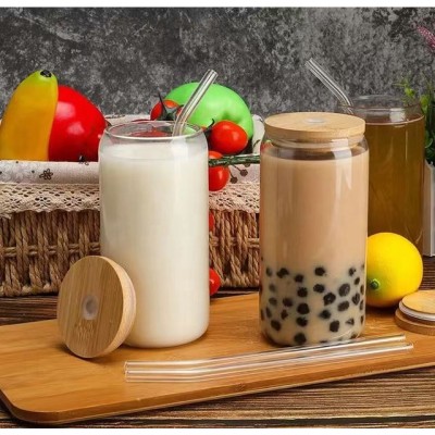 Wholesale 12 OZ / 16 OZ High Borosilicate Glass Can Cup with Straw and Bamboo Lid straw cup
