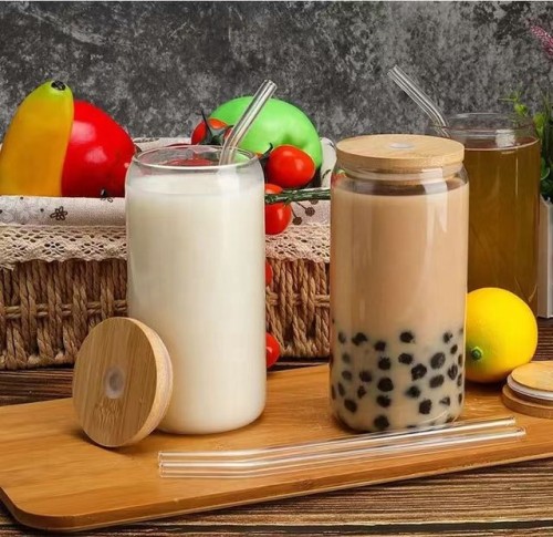 Wholesale 12 OZ / 16 OZ High Borosilicate Glass Can Cup with Straw and Bamboo Lid straw cup