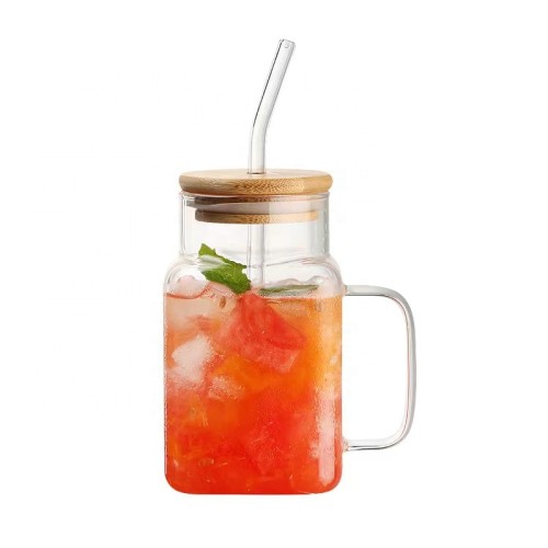 New Style High Borosilicate Glass Cup with Straw and Bamboo Lid Custom Shaped straw cup