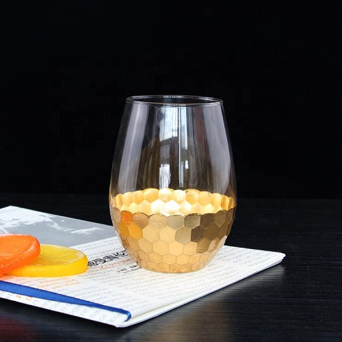 Top Seller Clear Stemless beer glasses Handmade Honeycomb Cutting Gold Foil Egg beer Cup Stemless
