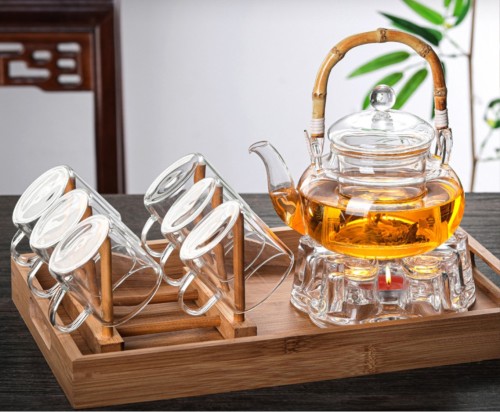 2024 New bamboo lifting handle glass teapot Transparent Manufacturer Bamboo Handle Glass Tea Set