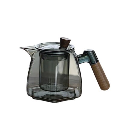 Wholesales hot selling 600ml Hexagonal high borosilicate glass flower glass teapot wooden handle
