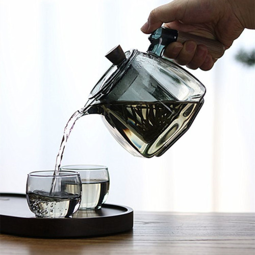 Wholesales hot selling 600ml Hexagonal high borosilicate glass flower glass teapot wooden handle