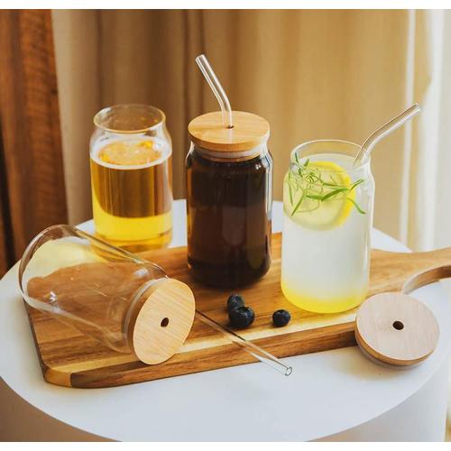 Factory customized 2024 hot-selling multi-function glass can cup with bamboo cup with straw