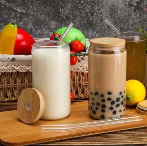 Factory customized 2024 hot-selling multi-function glass can cup with bamboo cup with straw