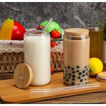 Factory customized 2024 hot-selling multi-function glass can cup with bamboo cup with straw