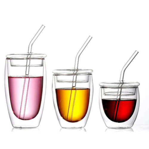 High quality Double lager glass cup with glass cover vLarge Capacity Heat-resistant cup with straw