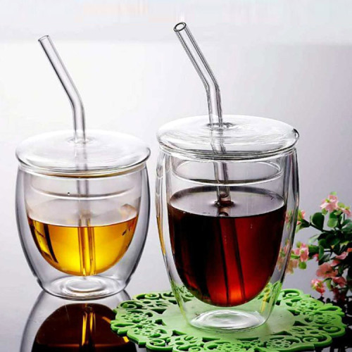 High quality Double lager glass cup with glass cover vLarge Capacity Heat-resistant cup with straw