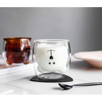 Popular cartoon milk and coffee tea glass with OEM Pattern Creative Bear glass coffee mugs