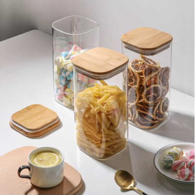 IKOO high borosilicate canisters airtight food storage bamboo square glass jar glass canisters