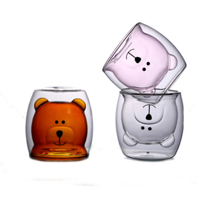 Hot Sales Creative Cute Bear Double Wall Glass Cup Insulated Amber Pink Clear Lovely Milk glass