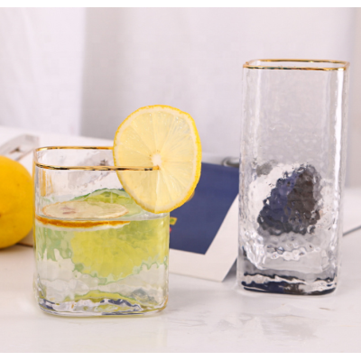 Hot sale square whiskey glasses clear transparent hammer design glass cups best whisky glass