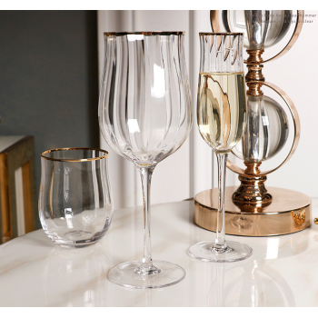 Hot Selling 2024 Handmade Tulip Shape Ribbed Goblet Champagne Gold Rim ColoredCocktail Glasses